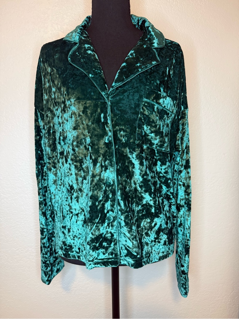 Lord & Taylor Crushed Velvet Dark Teal Button-Front Top